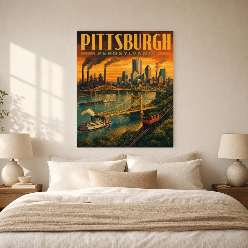 Pittsburgh Travel Poster | Vintage Three Rivers Bridges Print | Pennsylvania Wall Art Print | Mid Century City Decor image 5