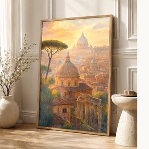 Rome Travel Poster | Soft Painting Italy Wall Art | Roman Rooftops Golden Hour Print | Printed & Shipped image 1