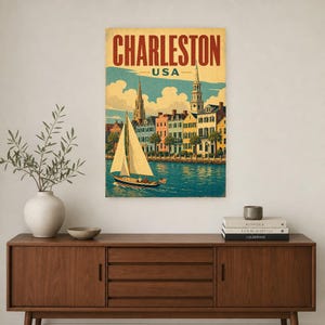 Póster turístico de Charleston | Lámina vintage de Rainbow Row de los años 50 | Arte mural retro de Carolina del Sur | Decoración de mediados de siglo imagen 2