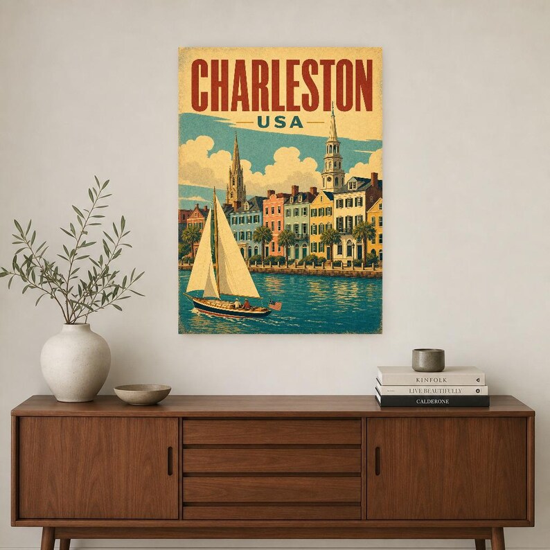 Póster turístico de Charleston | Lámina vintage de Rainbow Row de los años 50 | Arte mural retro de Carolina del Sur | Decoración de mediados de siglo imagen 2