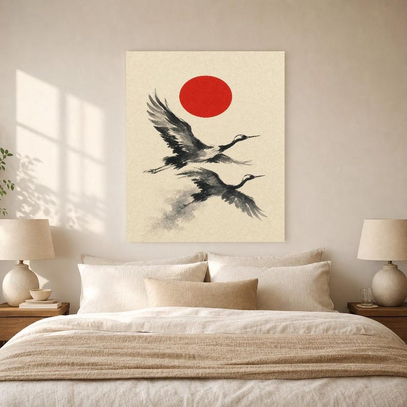 Impresión de grúa de sol rojo Arte de pared japonés | Dos grúas Sumi-e | Póster Dormitorio Wabi Sabi imagen 6
