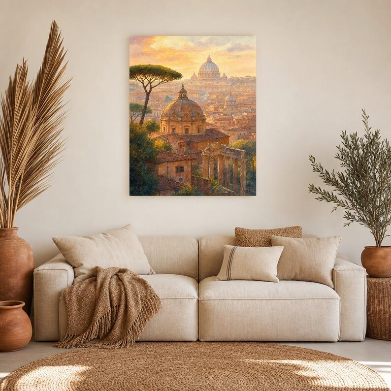 Rome Travel Poster | Soft Painting Italy Wall Art | Roman Rooftops Golden Hour Print | Printed & Shipped image 7