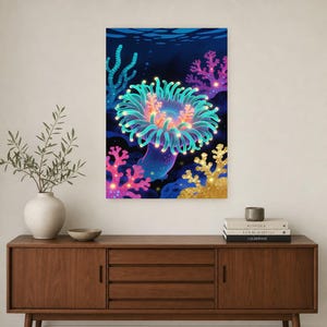 Bioluminescent Sea Anemone Poster | Deep Sea Ocean Bathroom Wall Art Print | Dark Coastal Night Print image 3