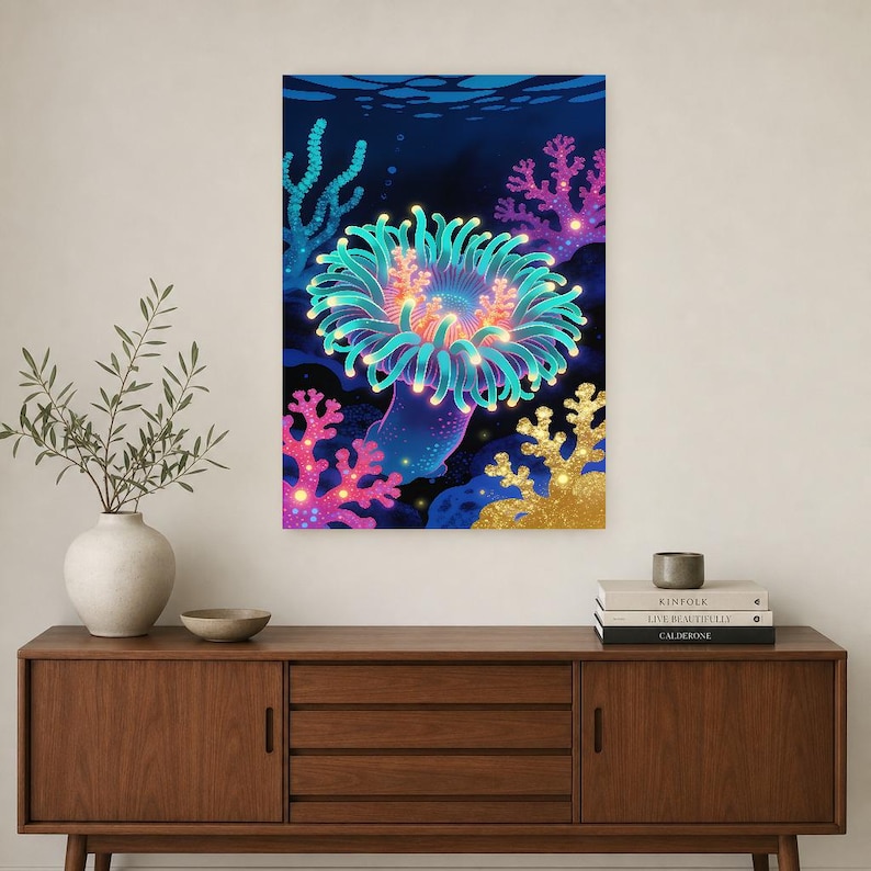 Bioluminescent Sea Anemone Poster | Deep Sea Ocean Bathroom Wall Art Print | Dark Coastal Night Print image 3