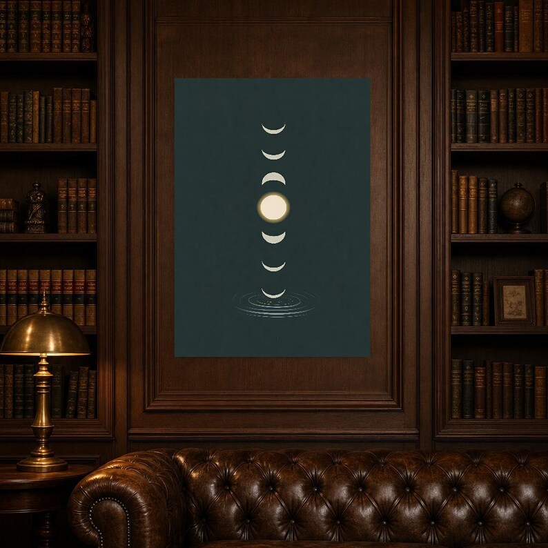 Emerald Moon Phase Wall Art | Zen Water Ripple Poster | Dark Japandi Moody Minimalist Print image 5