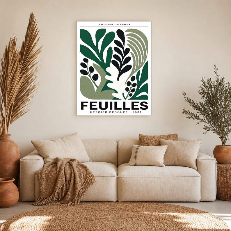 Botanical Cut Paper Exhibition Poster | Forest Green Leaf Wall Art Print | Mid Century Gallery Print | Abstract Matisse Style Poster Decor image 7