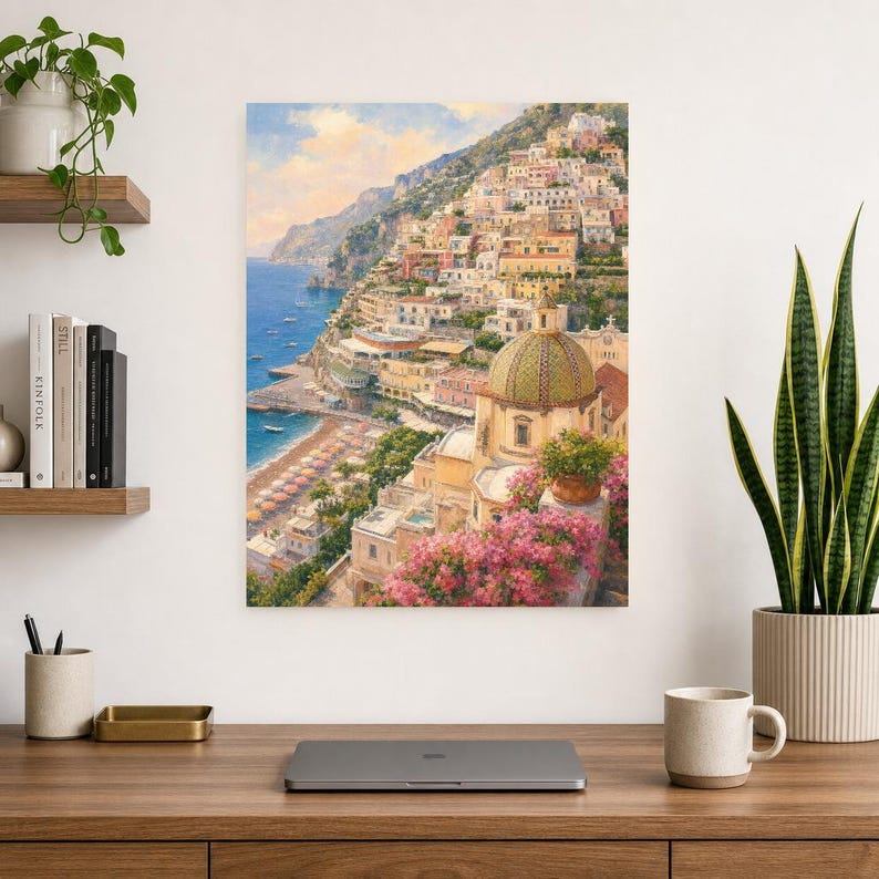 Positano reisposter | Zachte schildering Amalfikust print | Italiaanse muurdecoratie | Kustdecoratie | Gedrukt en verzonden afbeelding 8