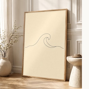 Väggkonsttryck med havsvågor på en linje | Minimalistisk linjekonsttryck | Abstrakt vågposter | Japandi beige kustdekor | Skandinavisk bild 1