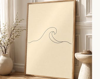 Einzeiliger Ozeanwellen-Wandkunstdruck | Minimalistischer Line Art Print | Abstraktes Wellenposter | Japandi Beige Küstendekor | skandinavis