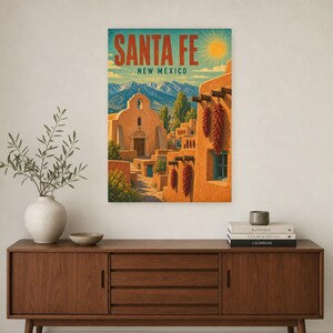 Santa Fe Travel Poster | Vintage Adobe Pueblo Print | New Mexico Wall Art Print | Mid Century City Decor image 2