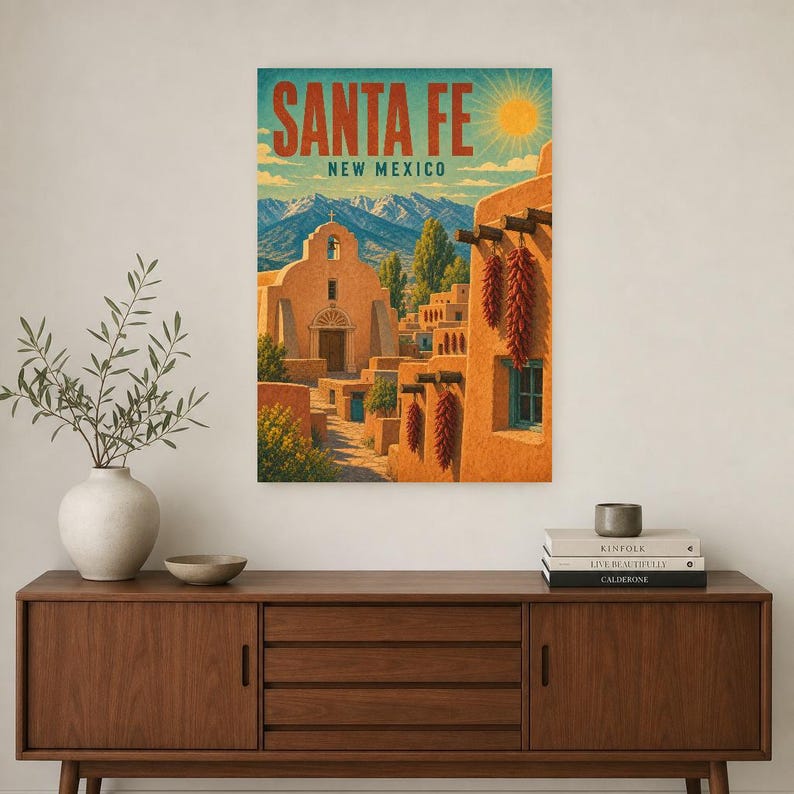 Santa Fe Travel Poster | Vintage Adobe Pueblo Print | New Mexico Wall Art Print | Mid Century City Decor image 2