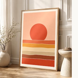 Väggkonsttryck med bränd röd sol i öknen | Minimalistisk terrakottaposter | Soltryck i papper från mitten av århundradet | Boho-inredning bild 1