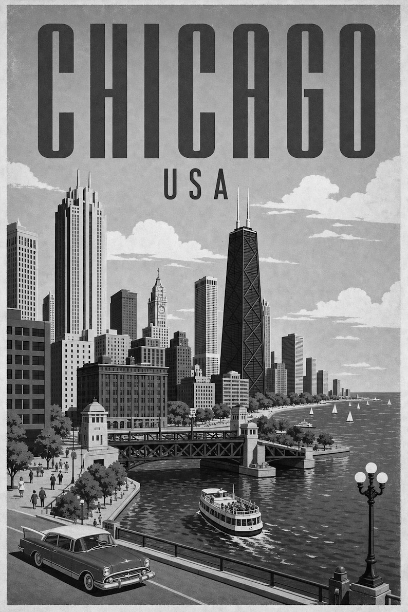 Chicago Travel Poster | Vintage Skyline Print | USA Wall Art | Printed & Shipped image 10