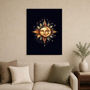 Celestial Sun and Moon Wall Art | Gold Mystical Face Poster | Boho Moon Phase Bedroom Print image 8