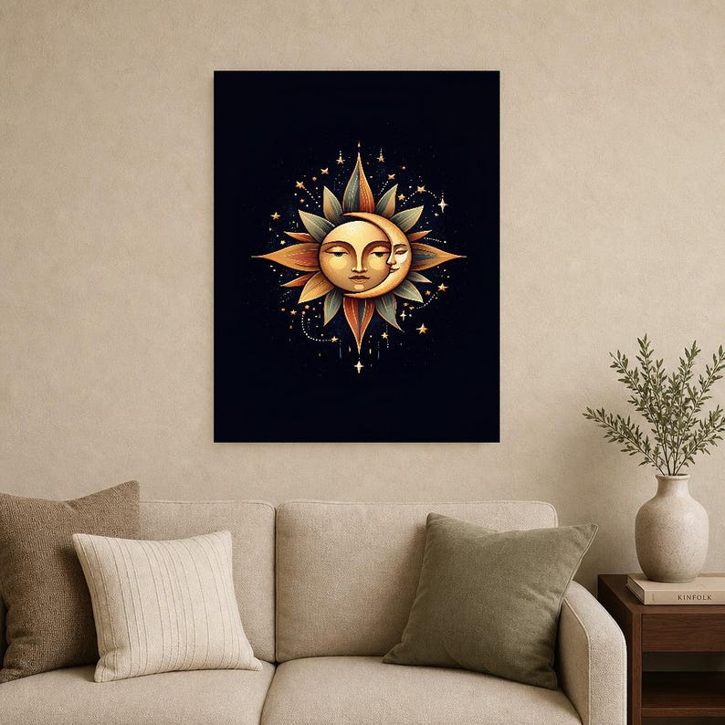 Celestial Sun and Moon Wall Art | Gold Mystical Face Poster | Boho Moon Phase Bedroom Print image 8