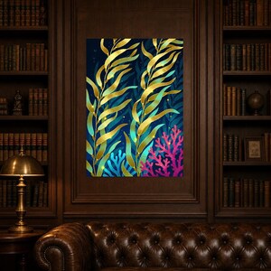 Bioluminescent Kelp Forest Poster | Deep Sea Ocean Bathroom Wall Art Print | Dark Coastal Night Print image 4