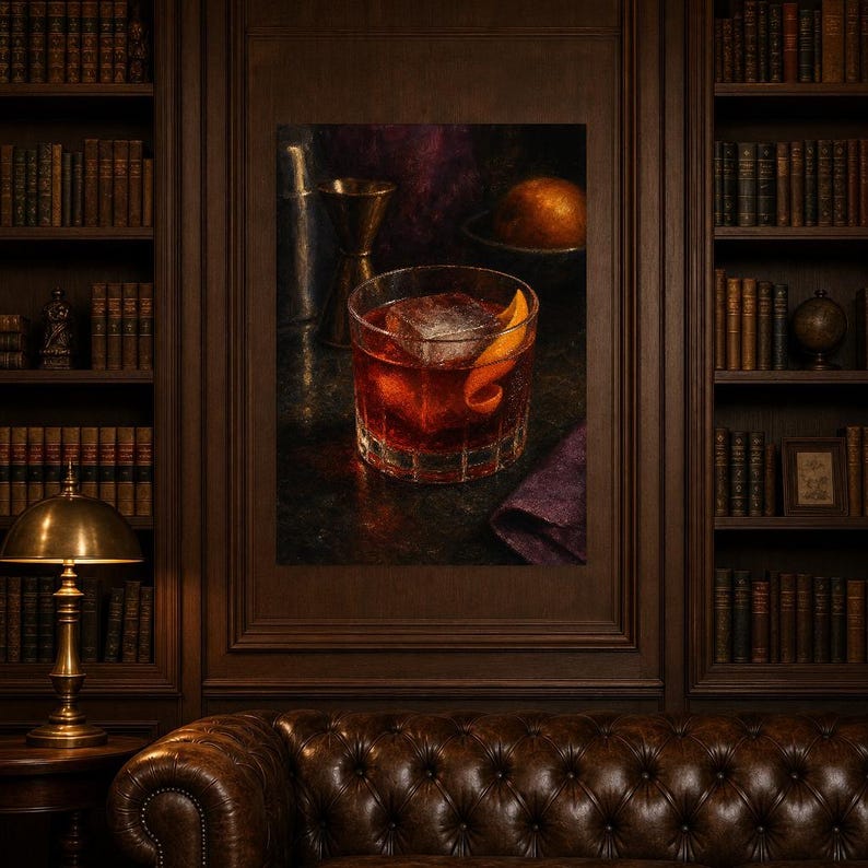 Boulevardier Cocktail Print | Moody Bar Cart Wall Art Print | Whiskey Negroni Still Life image 5