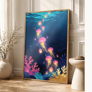 Bioluminescent Jellyfish Poster | Deep Sea Ocean Bathroom Wall Art Print | Dark Coastal Night Print image 1