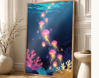 Biolumineszierendes Quallen-Poster | Tiefsee-Ozean-Badezimmer-Wandkunstdruck | Dunkler Küstennachtdruck