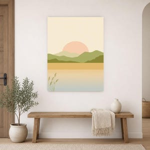 Cuadro decorativo de atardecer en la montaña verde salvia | Póster minimalista de paisaje zen | Lámina para salón con ambiente tranquilo y natural imagen 9
