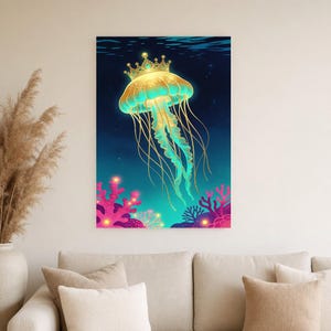 Bioluminescent Jellyfish Poster | Deep Sea Ocean Bathroom Wall Art Print | Dark Coastal Night Print image 5