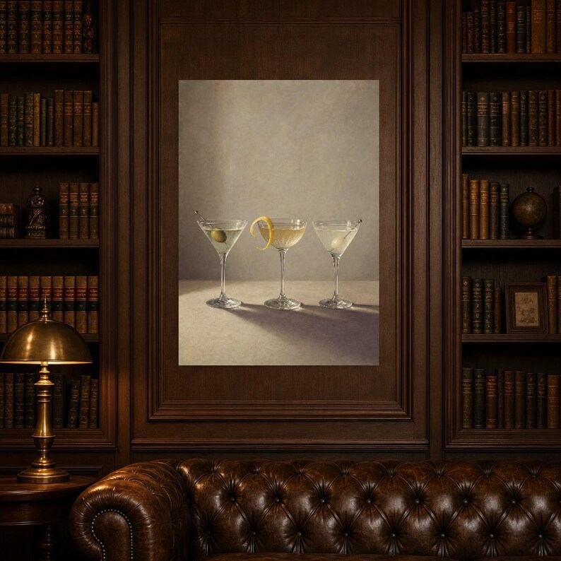 Arte de parede de produtos vidreiros Moody Martini | Do cocktail vida mínima ainda pôster | Impressão de decoração de carrinho de bar | Arte imagem 5