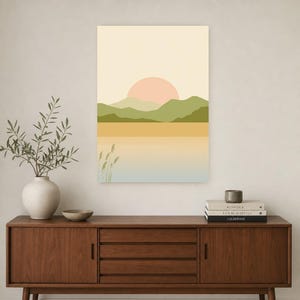 Cuadro decorativo de atardecer en la montaña verde salvia | Póster minimalista de paisaje zen | Lámina para salón con ambiente tranquilo y natural imagen 2