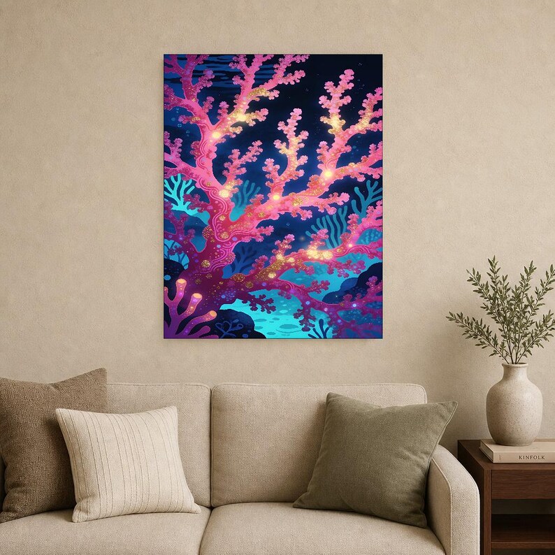 Bioluminescent Coral Reef Poster | Deep Sea Ocean Bathroom Wall Art Print | Dark Coastal Night Print image 15