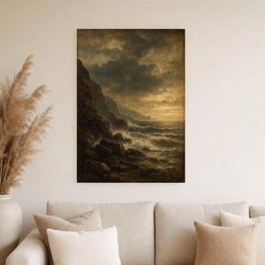 Moody Stormy Rocky Coast Wall Art Print | Vintage Oil Painting Print | Dramatic Seascape Tonalist Decor | Antique Cliff Poster image 4