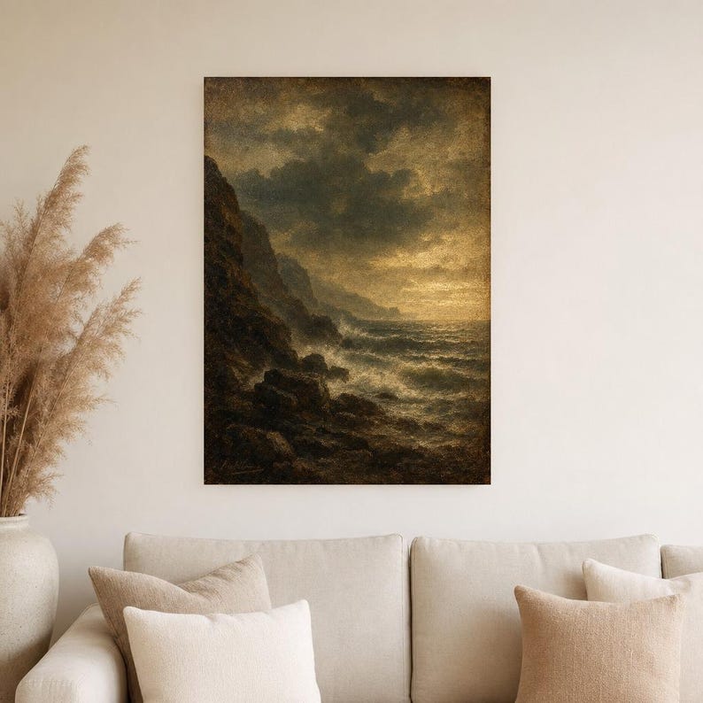 Moody Stormy Rocky Coast Wall Art Print | Vintage Oil Painting Print | Dramatic Seascape Tonalist Decor | Antique Cliff Poster image 4