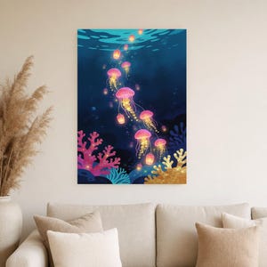 Bioluminescent Jellyfish Poster | Deep Sea Ocean Bathroom Wall Art Print | Dark Coastal Night Print image 5