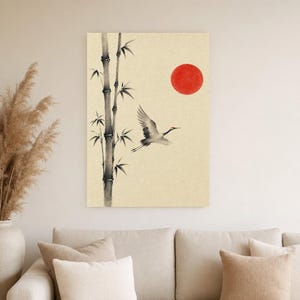 Red Sun Japandi Wall Art Print | Ink Crane and Bamboo | Sumi-e Wabi Sabi Living Room Print image 4