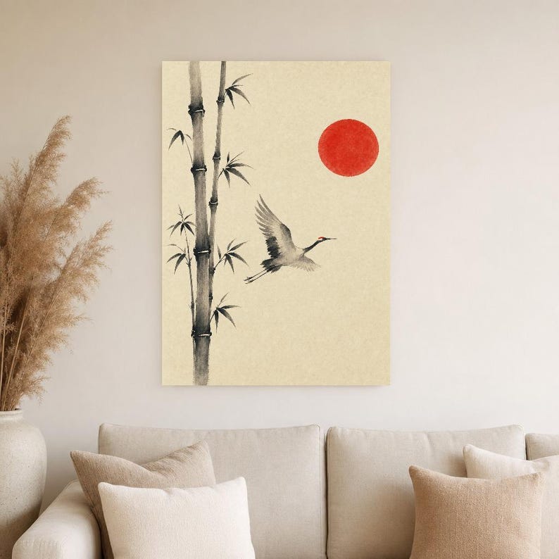 Red Sun Japandi Wall Art Print | Ink Crane and Bamboo | Sumi-e Wabi Sabi Living Room Print image 4