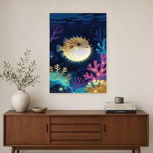 Bioluminescent Pufferfish Poster | Deep Sea Ocean Bathroom Wall Art Print | Dark Coastal Night Print image 3
