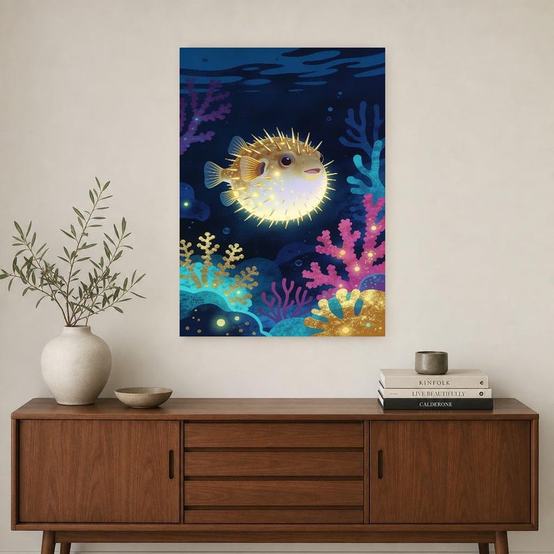 Bioluminescent Pufferfish Poster | Deep Sea Ocean Bathroom Wall Art Print | Dark Coastal Night Print image 3