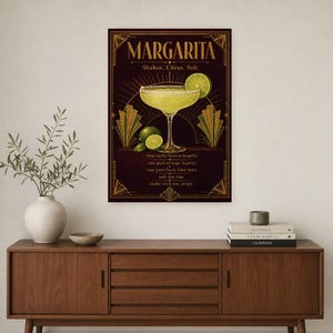 Arte de pared con receta de Margarita Art Déco dorado | Póster de receta de cóctel de lima | Impresión de decoración de carrito de bar | Art imagen 2
