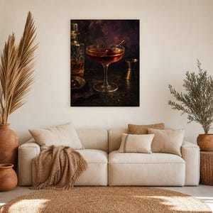 Manhattan-Cocktail-Druck | Moody Barwagen Wandkunst | Whiskey-Coupé und Kirschstillleben Bild 7