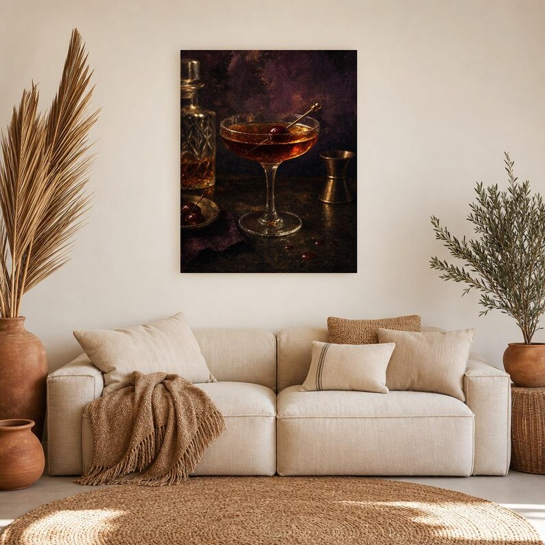 Manhattan-Cocktail-Druck | Moody Barwagen Wandkunst | Whiskey-Coupé und Kirschstillleben Bild 7