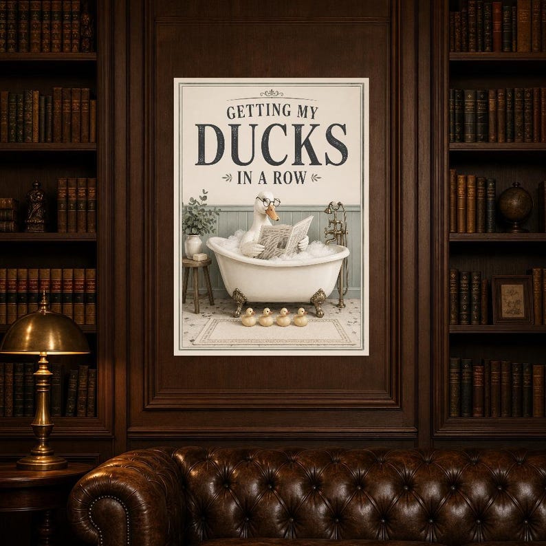 Funny Duck Bathroom Wall Art Print | Getting My Ducks In A Row Poster | Vintage Bathroom Wall Decor image 5