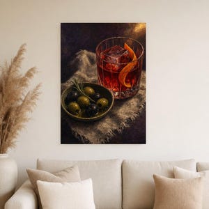 Red Negroni Olives Wall Art Print | Moody Aperitivo Still Life Poster | Bar Cart Decor Print | Cocktail Wall Art image 4