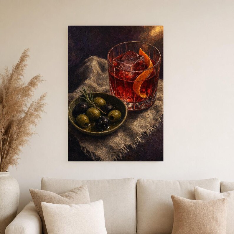 Red Negroni Olives Wall Art Print | Moody Aperitivo Still Life Poster | Bar Cart Decor Print | Cocktail Wall Art image 4