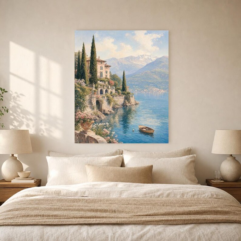 Lake Como Travel Poster | Soft Painting Italy Wall Art | Italian Lake Villa Print | Printed & Shipped image 6