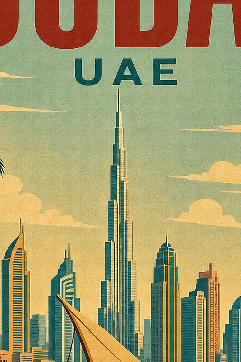 ドバイ旅行ポスター｜ヴィンテージ風スカイラインプリント｜UAEウォールアート｜印刷・発送 画像 3