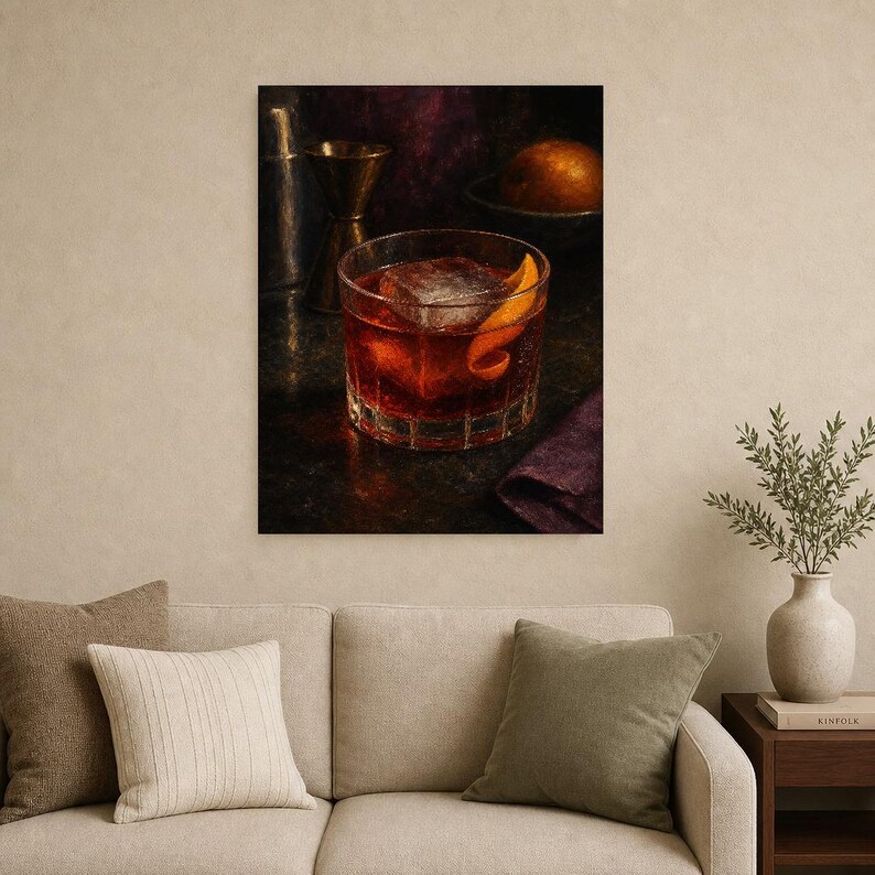 Boulevardier Cocktail Print | Moody Bar Cart Wall Art Print | Whiskey Negroni Still Life image 9
