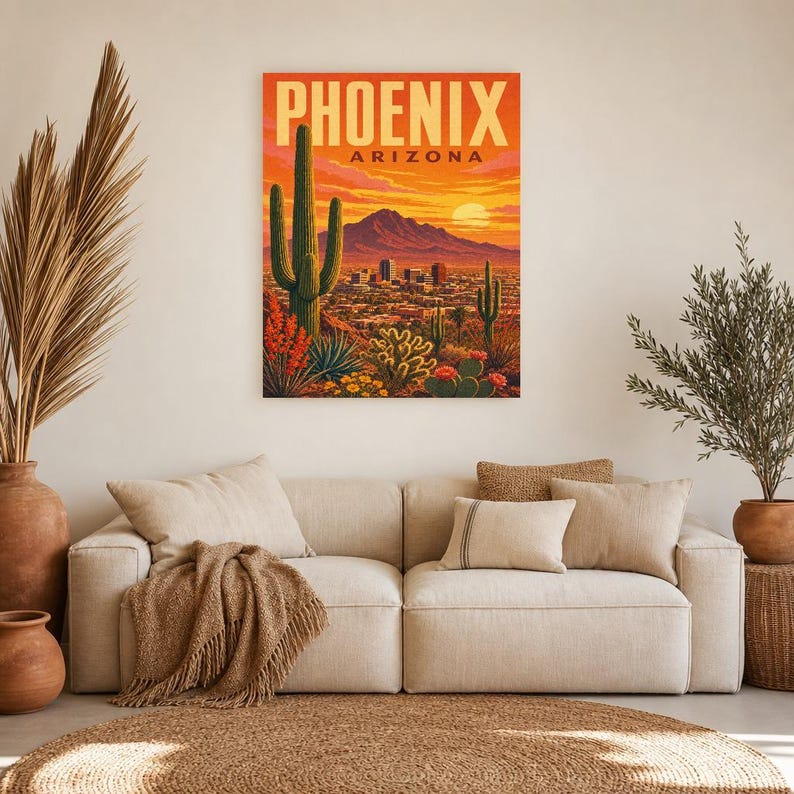 Póster de viaje de Phoenix | Lámina vintage de una puesta de sol en el desierto de Sonora | Lámina decorativa de Arizona | Decoración urbana de mediados de siglo imagen 5