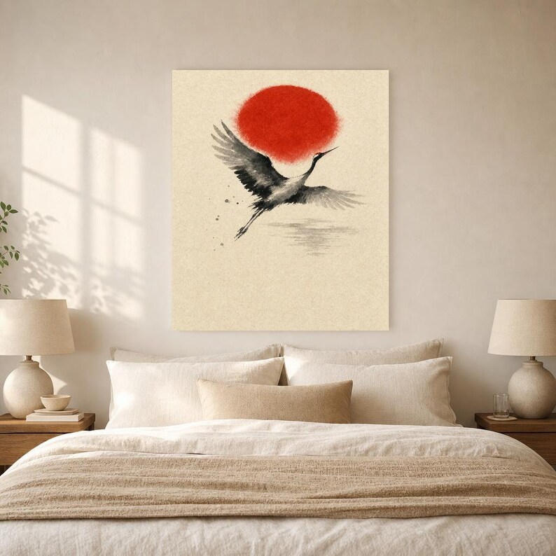Red Sun Japandi Wall Art Print | Sumi-e Ink Crane Print | Wabi Sabi Living Room Poster image 6