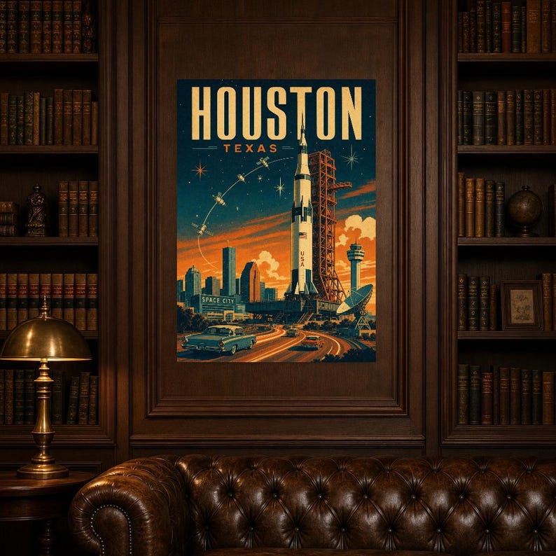 Houston Travel Poster | Vintage Space City Rocket Print | Texas Wall Art Print | Mid Century City Decor image 4