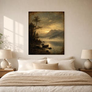 Moody Mountain Lake Rowboat Wall Art Print | Vintage Oil Painting Print | Misty Tonalist Landscape Decor | Ancient Dawn Poster image 6