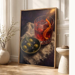 Red Negroni Olives Wall Art Print | Moody Aperitivo Still Life Poster | Bar Cart Decor Print | Cocktail Wall Art image 1