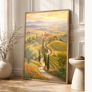 Toscane reisposter | Zachte schildering Italië muurdecoratie | Print van het Toscaanse platteland | Gedrukt en verzonden afbeelding 1